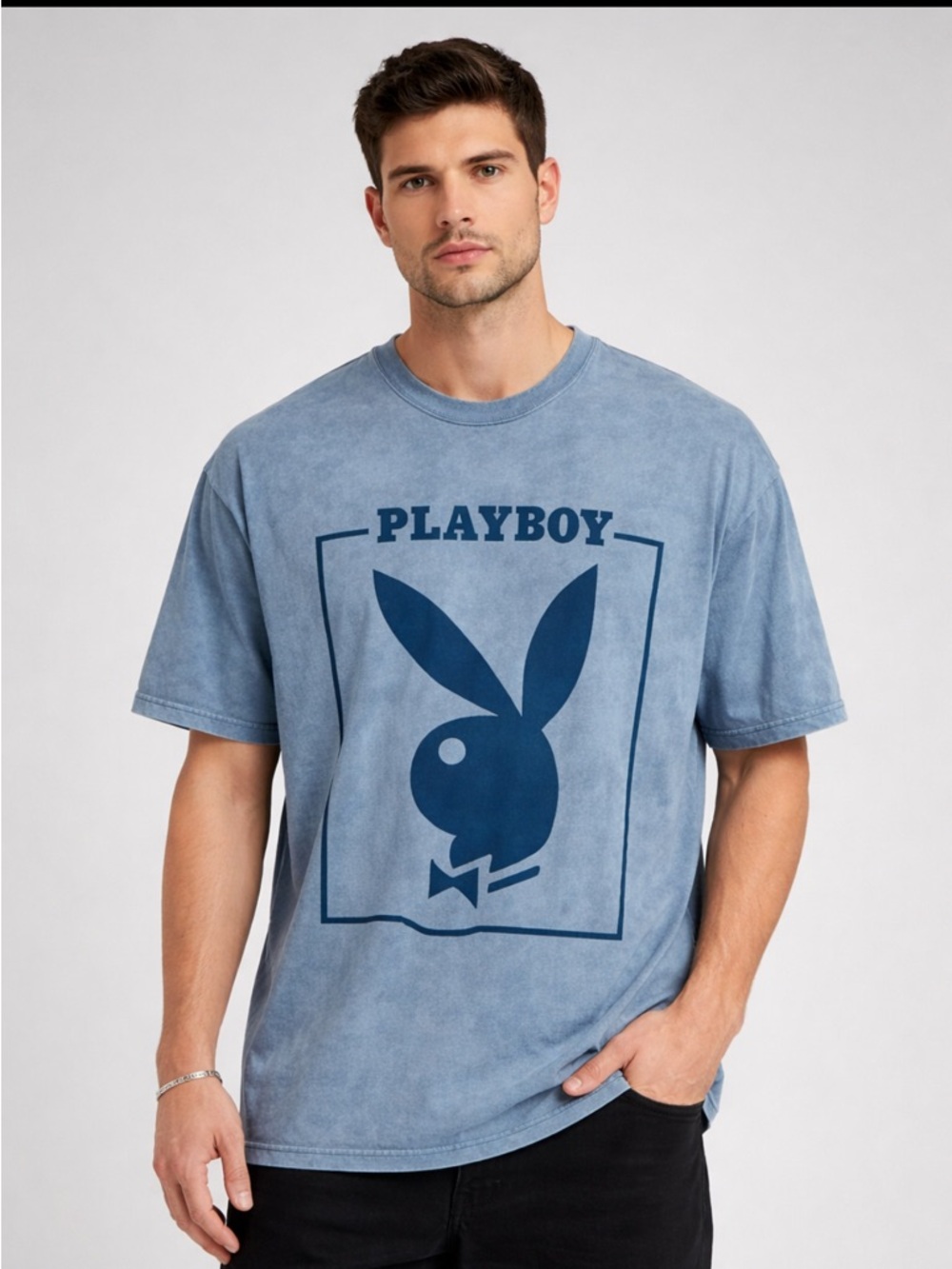 NWT Unisex Playboy Blue Acid Wash Graphic T-Shirt XL